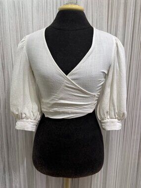 Nasty Gal White Wrap Crop Top Puff Sleeve Tie Back UK 4 US 0 Milkmaid Coquette